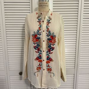 Manly/Unisex Casual Cream and Red Embroidered Button Down Shirt